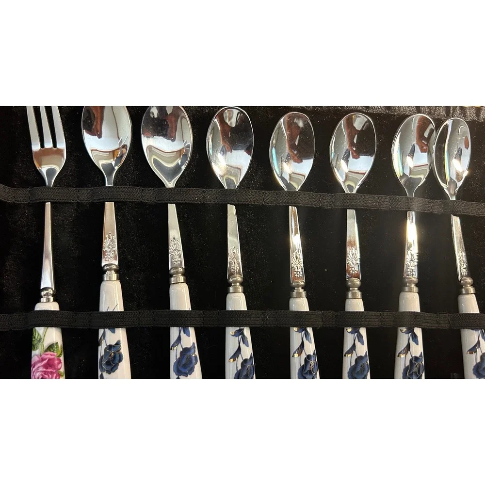 $50.43 8 Stainless 18/10 Tea Spoons & fork Dessert Spoons Floral Design Ceramic